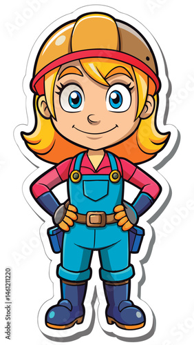 Smiling female construction worker in overalls.