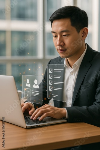 Businessman Online Job Application Process Modern Technology Digital Recruitment Human Resources Management Candidate Selection Employment Search Professional Businessman Working Laptop Computer desk 