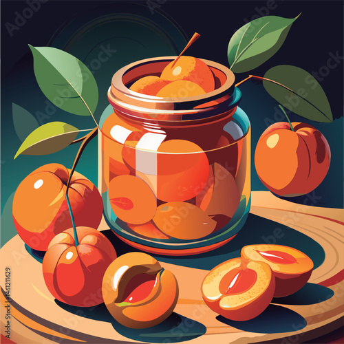Colorful preserved peaches in a jar.