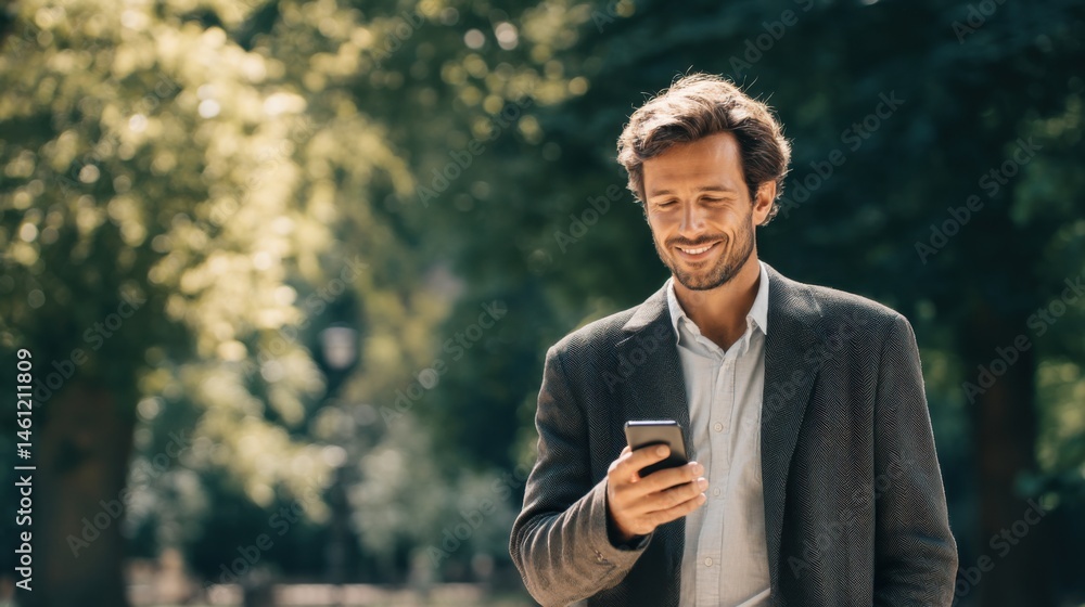 A businessman Dressed in a casual style, Staring at his smartphone and smiling, Park background. A businessman Dressed in a casual style, Staring at his smartphone and smiling, Park background.