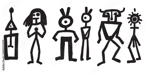 Primitive cave paintings, black stick figures, ancient petroglyphs, symbolic human forms, abstract tribal art, minimalist anthropomorphic shapes, prehistoric rock art style, simple geometric figures, 