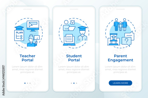 Educational access blue onboarding mobile app screen. Academic tools. Walkthrough 3 steps editable graphic instructions with linear concepts. UI, UX, GUI. Montserrat SemiBold, Regular fonts used
