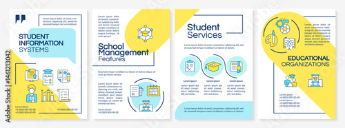 School management services blue and yellow brochure layout. Academic technologies. Leaflet advertising design with color line icons. Editable 4 pages. Questrial, Lato-Regular fonts used