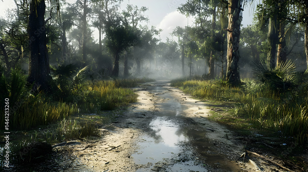 Obraz premium Misty Forest Path Under Sunny Daylight