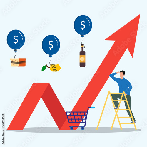 Impact on economic growth. Inflation rises due to growth in monetary value. Food price inflation. A man looking into sky for some consumer goods float in hot air balloons.
