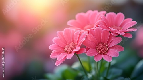 Pink daisy flowers under sunlight on blurred garden