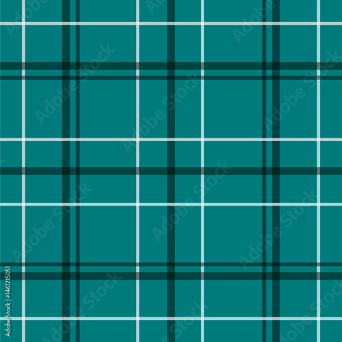 Seamless tartan pattern in teal green with intersecting dark green, ivory, and black lines. Ideal for textiles, fashion projects, digital backgrounds, and gift wrap design.