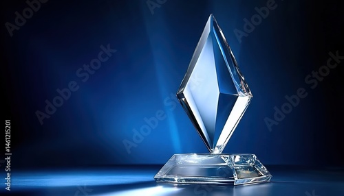 Crystal trophy with diamond-shaped top and faceted base illuminated on dark blue background.