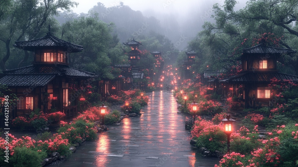 Obraz premium Serene, rainy Asian street with traditional buildings and flowering bushes