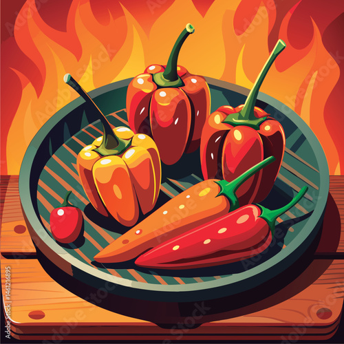 Colorful peppers on a grill platter.