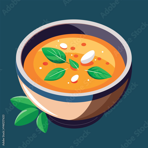 Creamy soup with fresh basil garnish.