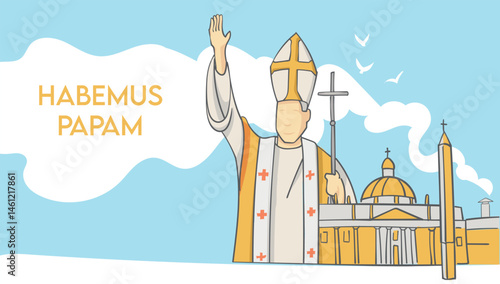 HABEMUS PAPAM. The new Pope greet as white smoke marks his election. horizontal vector illustration