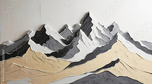 3D embossed oil painting of mountains, on a white background, with a grey and beige color palette.