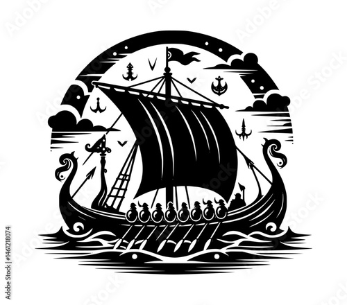 Viking ship silhouette black color vector white background silhouette