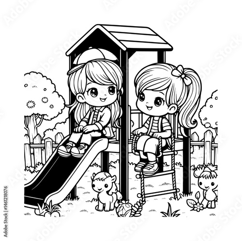 Two kids at playground cartoon coloring page black color vector white background silhouette