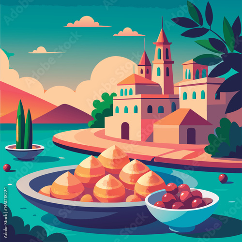 Mediterranean town scene with food.