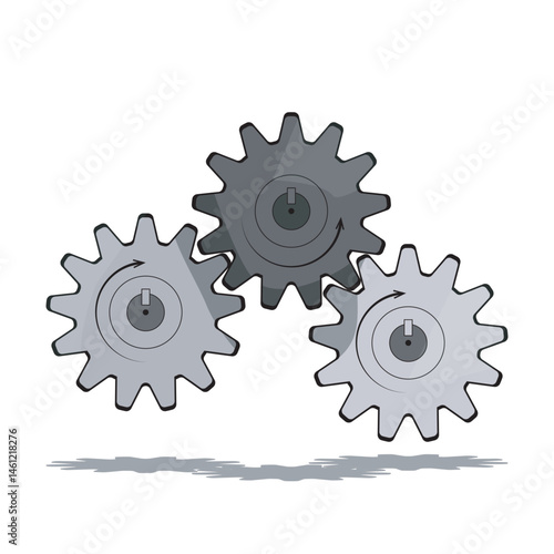 Illustration of a three-gear train system with interlocking spur gears showing meshing interaction and rotational direction in a mechanical setup.