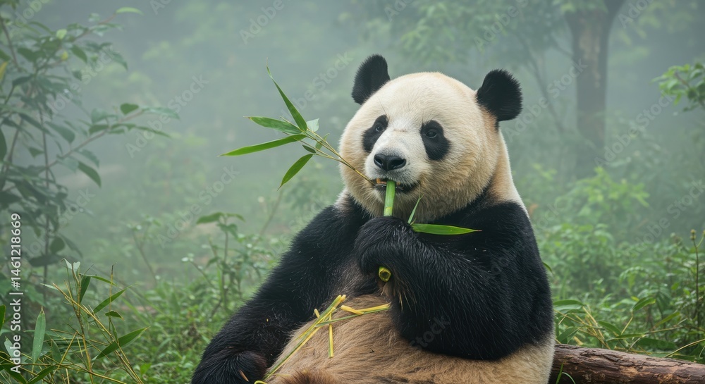 Obraz premium Majestic Panda Enjoying Bamboo in Misty Forest