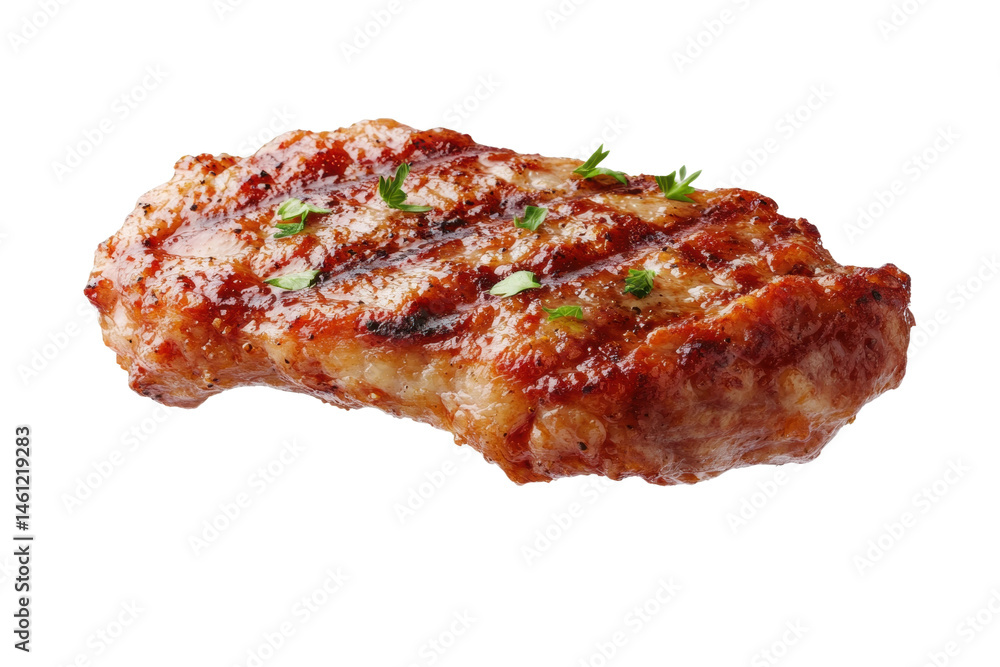 Grilled juicy bbq pork chop garnished with parsley, cut out - stock png. Grilled juicy bbq pork chop garnished with parsley, cut out - stock png.