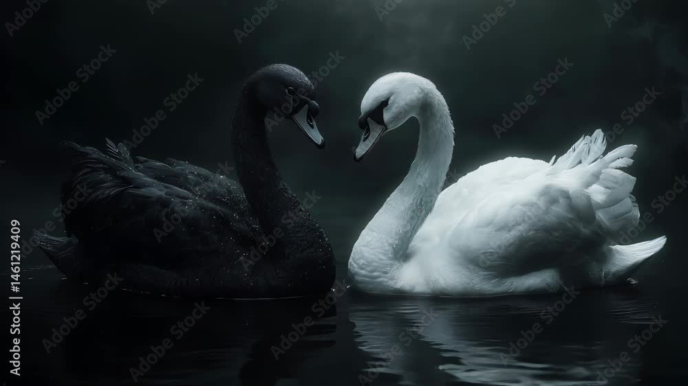 Two swans, one black and one white, gracefully face each other in dark, misty water Two swans, one black and one white, gracefully face each other in dark, misty water