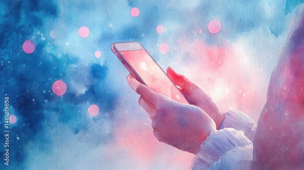 A person holding a smartphone, surrounded by a dreamy, watercolor background in blue and pink tones.