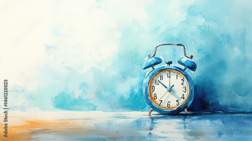 A blue vintage alarm clock painted in watercolor stands on a reflective surface against a soft, abstract blue background.
