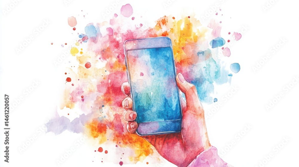 A hand holding a smartphone, illustrated in vibrant watercolor splashes on a white background.