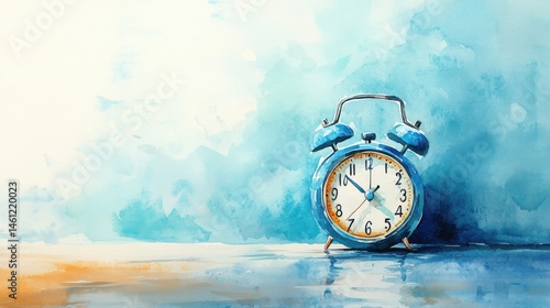 Obraz na płótnie A blue vintage alarm clock painted in watercolor stands on a reflective surface against a soft, abstract blue background. w salonie