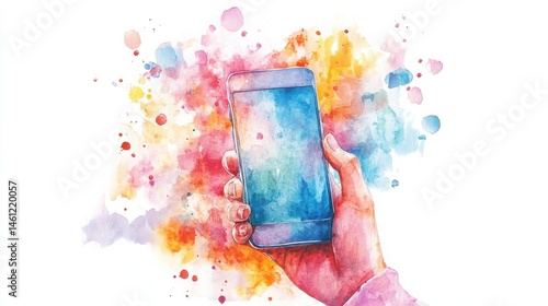 Obraz na płótnie A hand holding a smartphone, illustrated in vibrant watercolor splashes on a white background. w salonie