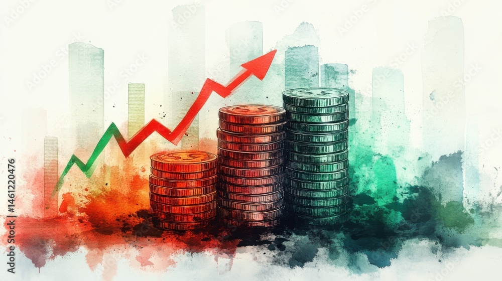Stacks of coins with an upward red arrow symbolize financial growth and economic progress against a city skyline watercolor background.
