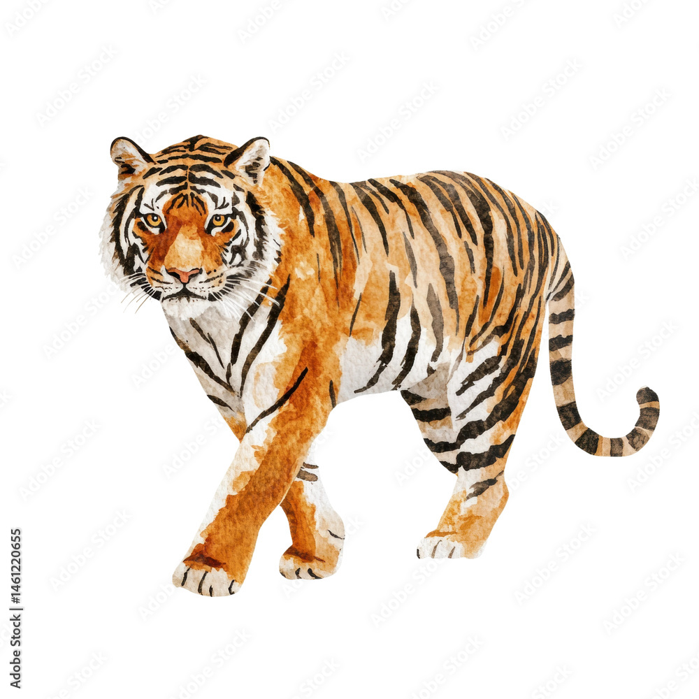 Obraz premium Watercolor tiger illustration of majestic bengal tiger with distinctive stripes, cut out - stock png.