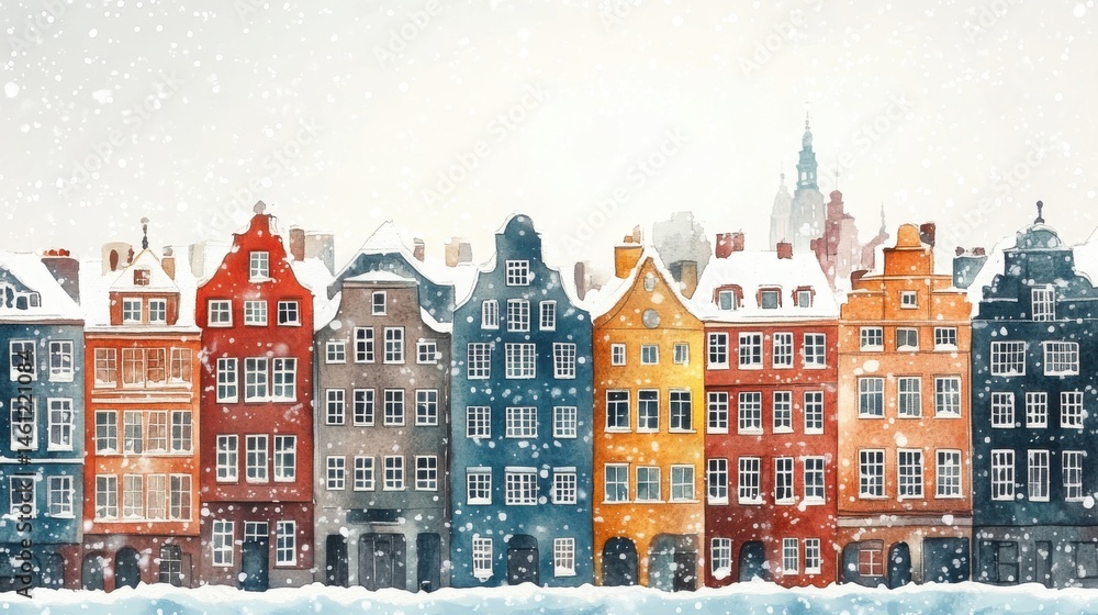 Colorful historic buildings line a snowy street, creating a charming winter cityscape.