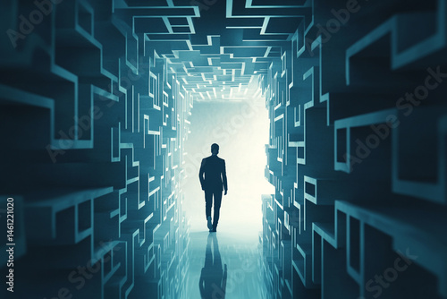 Businessman walking through a complex maze towards the light a metaphor for challenges and success