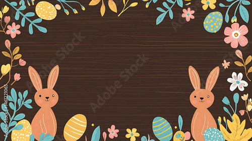 Happy cartoon Easter rabbits smile celebrate spring holiday with eggs flowers decoration empty copy space frame