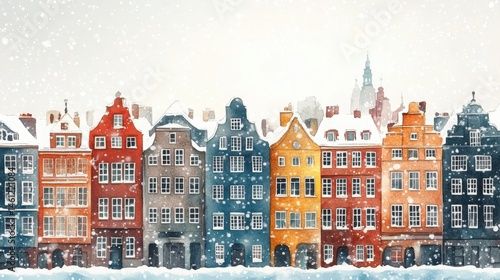 Obraz na płótnie Colorful historic buildings line a snowy street, creating a charming winter cityscape. w salonie