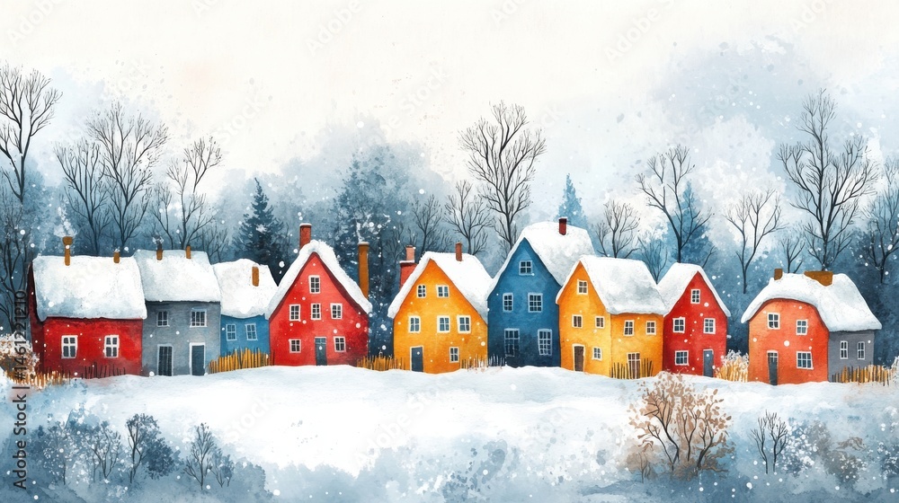 A row of colorful houses with snow-covered roofs sits in a winter landscape, surrounded by bare trees and a serene, snowy foreground.
