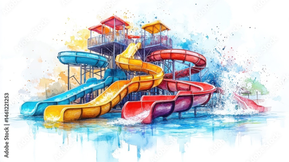 Colorful water slides twist and turn above a splash pool, capturing the excitement and fun of a lively water park scene.