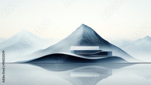 Modern structure nestled on a misty mountain, reflecting on a tranquil lake