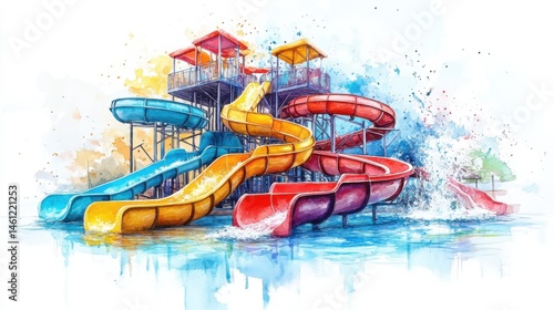 Obraz na płótnie Colorful water slides twist and turn above a splash pool, capturing the excitement and fun of a lively water park scene. w salonie