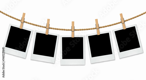 Five instant photos hanging on a rope on a transparent white background, suitable for vectors,