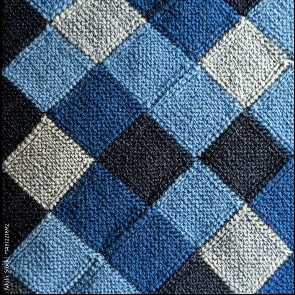 A vibrant patchwork pattern featuring various shades of blue and gray, perfect for textile designs and backgrounds. A vibrant patchwork pattern featuring various shades of blue and gray, perfect for textile designs and backgrounds.