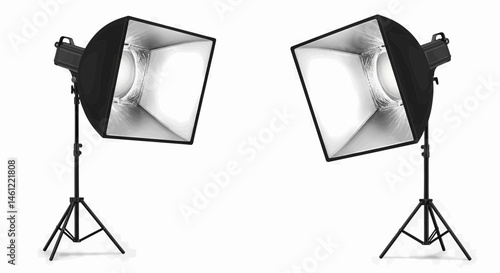 Two black lights with light boxes on black tripods. On a transparent white background, suitable for vector graphics.