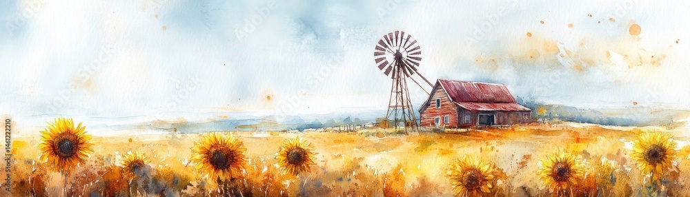 A rustic barn and windmill sit in a vibrant sunflower field under a bright sky in this watercolor countryside landscape.