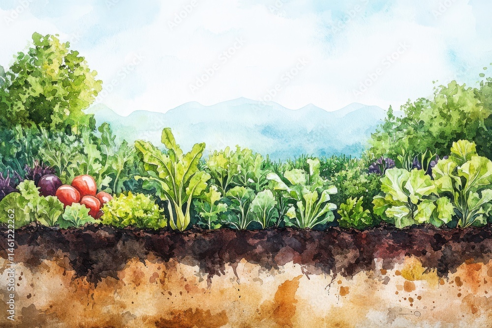 Watercolor illustration of a vibrant vegetable garden with visible soil layers and green plants against a scenic mountain backdrop.