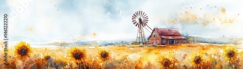 Obraz na płótnie A rustic barn and windmill sit in a vibrant sunflower field under a bright sky in this watercolor countryside landscape. w salonie