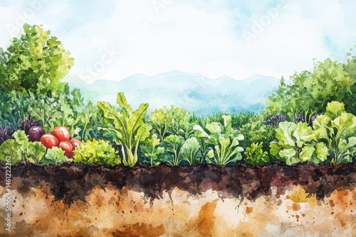 Obraz na płótnie Watercolor illustration of a vibrant vegetable garden with visible soil layers and green plants against a scenic mountain backdrop. w salonie