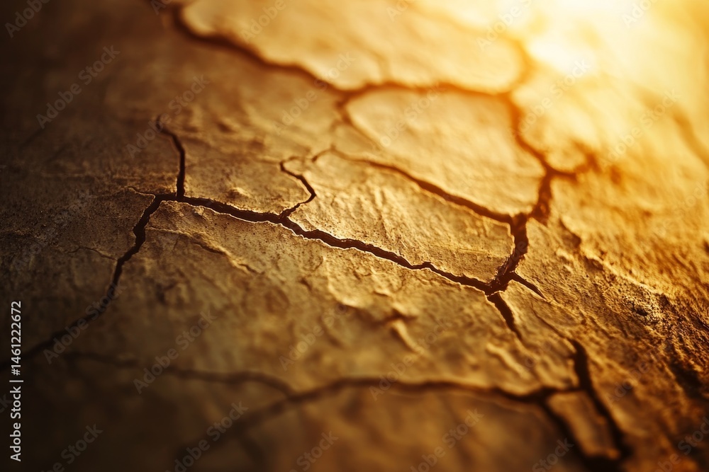 Fototapeta premium Close-up view of cracked earth surface lit by sunlight.