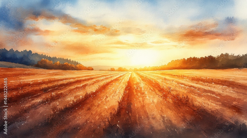 A golden sunset illuminates wide open farmland with long shadows and a vibrant sky.