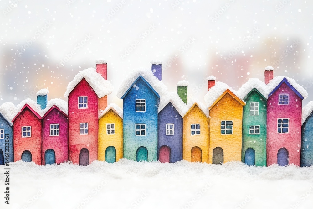 Colorful houses with snow-covered roofs stand in a row, creating a cheerful winter scene as snowflakes gently fall.