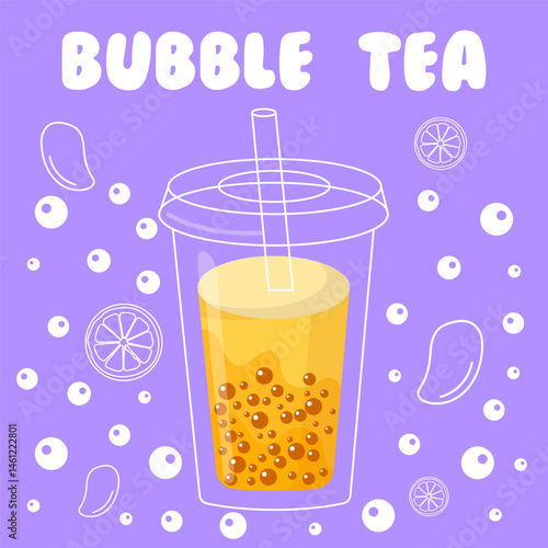A purple design featuring a bubble tea cup with yellow liquid, a straw, and "BUBBLE TEA" text, accented by white bubbles, lemon slices, and mango pieces. Ideal for beverage-themed graphics.